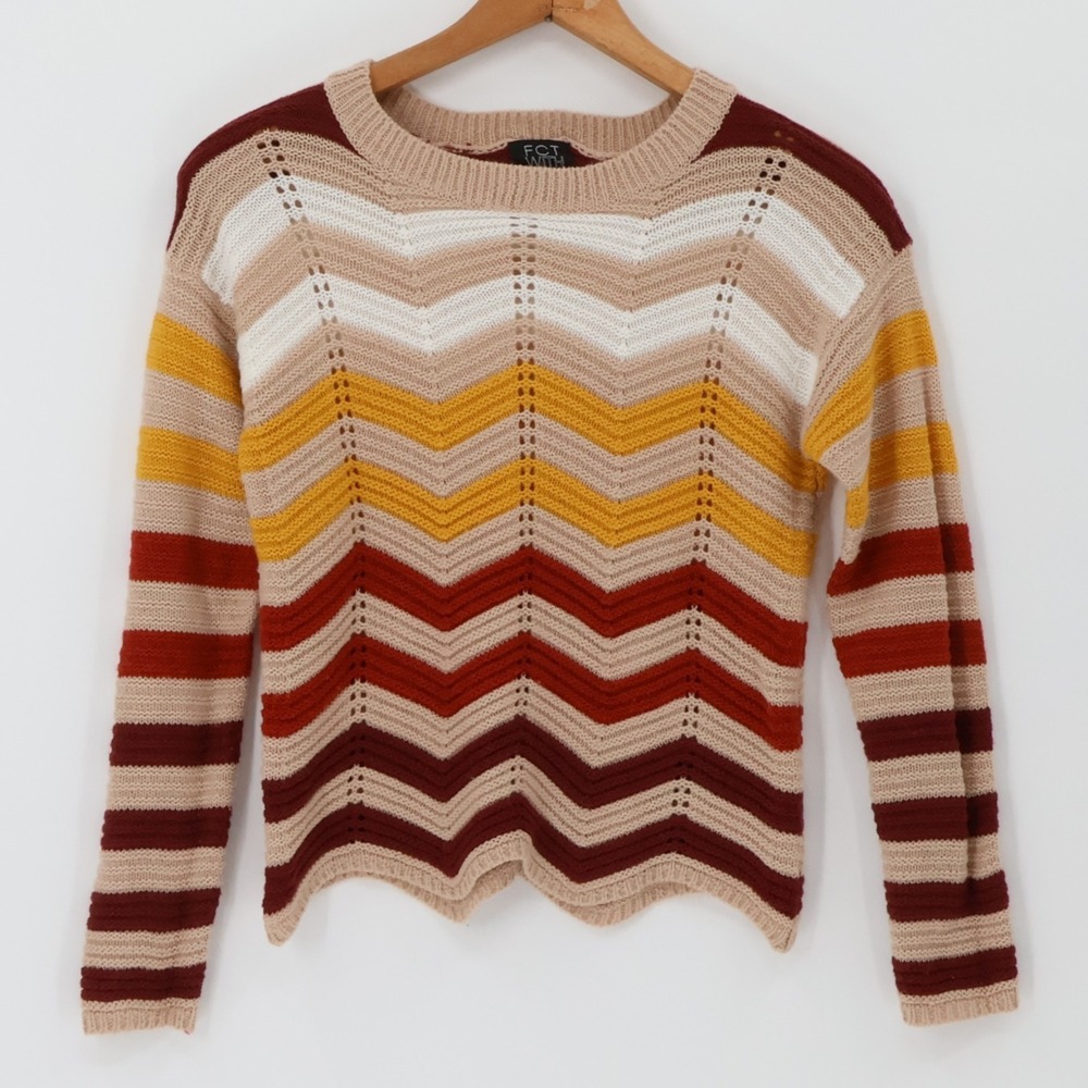 Chevron Stripe Loose Knit Sweater Womens Retro Fall Layering Pullover Size M